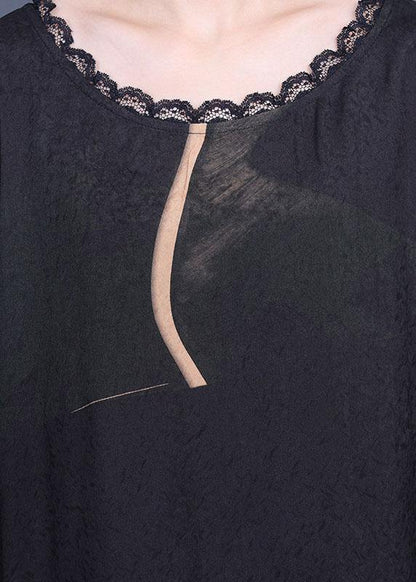 Natural Black Silk Print Patchwork Lace Vacation Dresses Summer - SooLinen