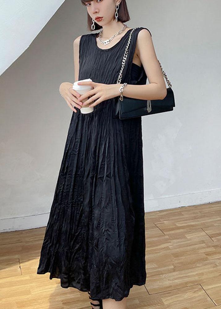 Natural Black Sleeveless Folds Maxi Dresses - SooLinen