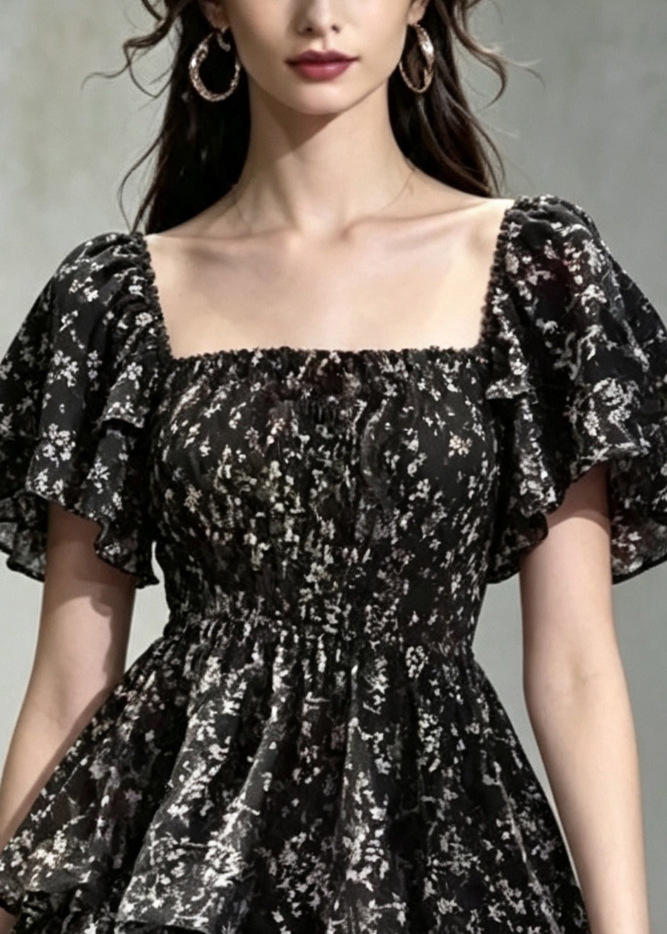 Natural Black Square Collar Print Chiffon Mini Dresses Summer