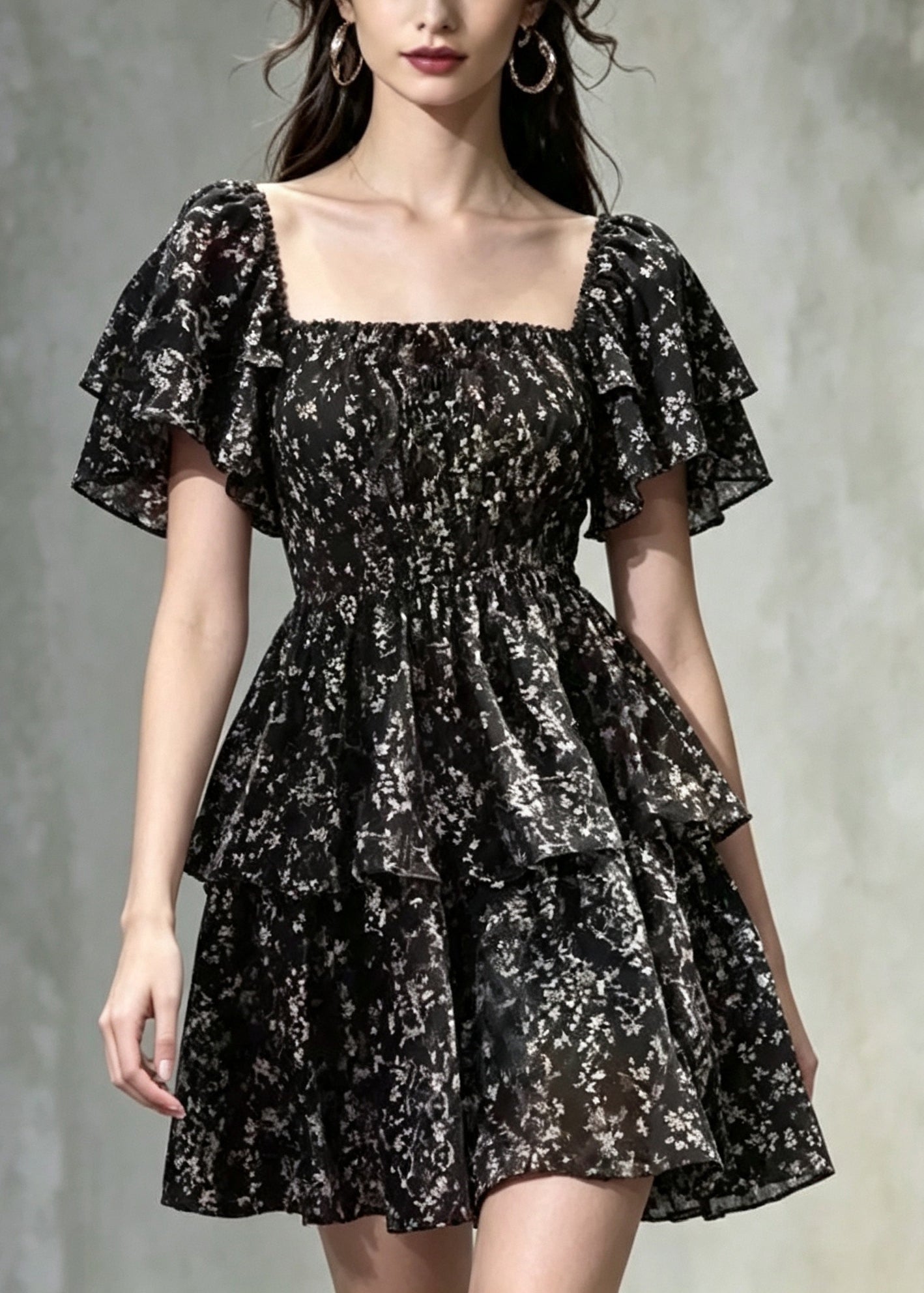 Natural Black Square Collar Print Chiffon Mini Dresses Summer