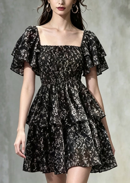 Natural Black Square Collar Print Chiffon Mini Dresses Summer