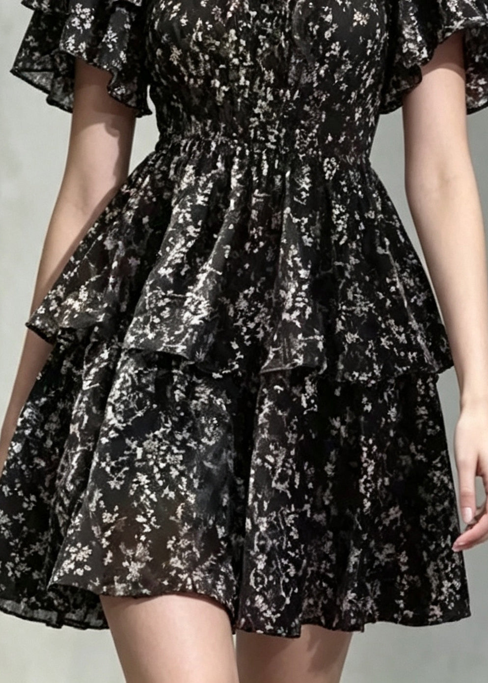 Natural Black Square Collar Print Chiffon Mini Dresses Summer
