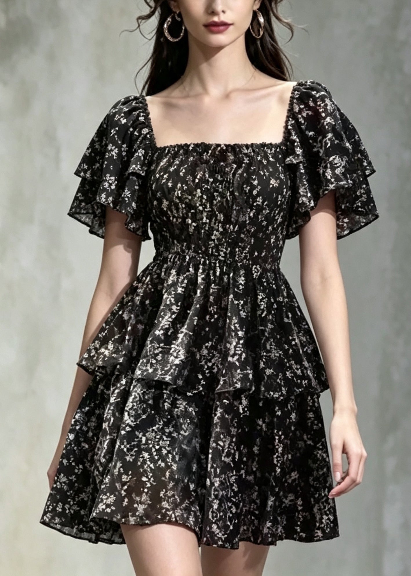 Natural Black Square Collar Print Chiffon Mini Dresses Summer