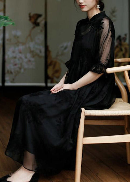 Natural Black Stand Collar Embroideried Floral Button Tulle Long Dress Half Sleeve