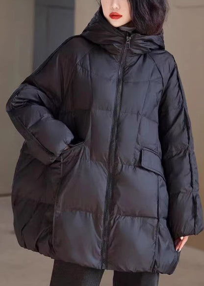 Natural Black Stand Collar Pockets Solid Hooded Puffer Jacket Winter