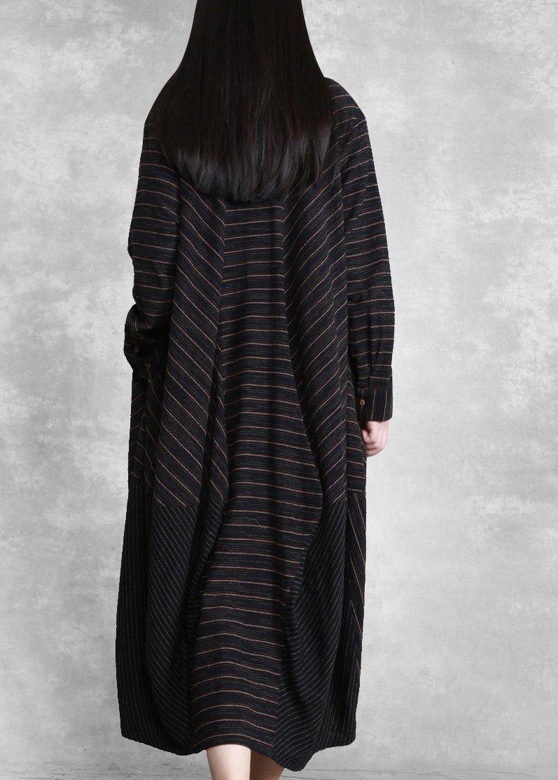 Natural Black Striped Linen Dresses Spring Gown - SooLinen
