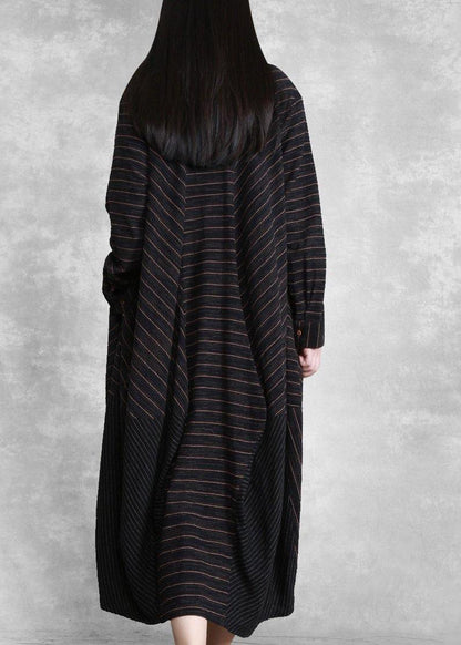 Natural Black Striped Linen Dresses Spring Gown - SooLinen