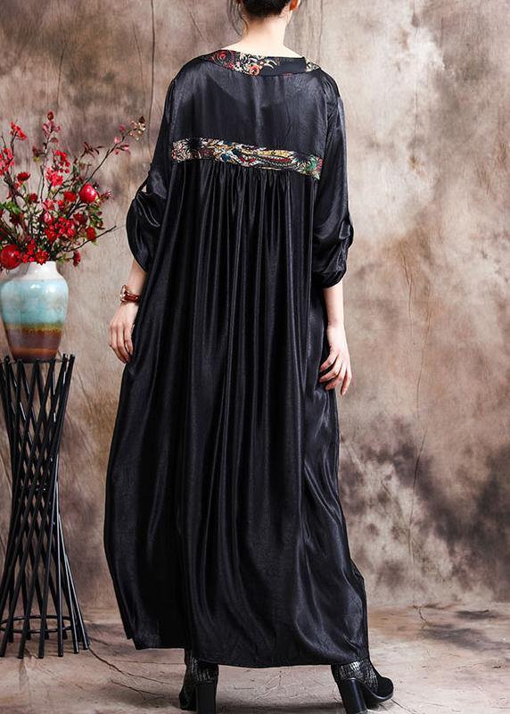 Natural Black Oversize Caftans Gown V Neck Patchwork Baggy Dress - SooLinen