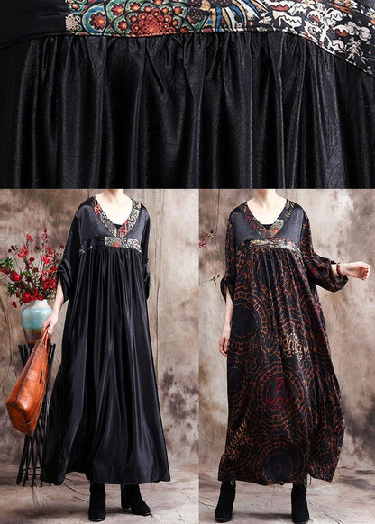 Natural Black Oversize Caftans Gown V Neck Patchwork Baggy Dress - SooLinen