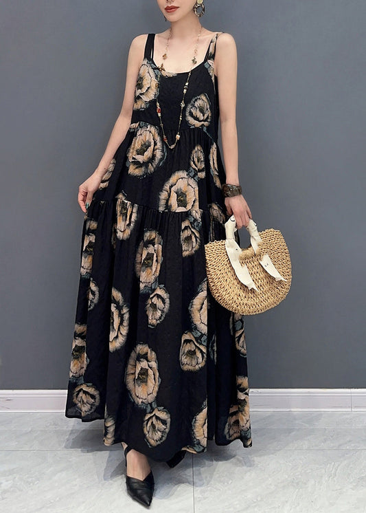 Natural Black U Neck Print Long Spaghetti Strap Dress Sleeveless