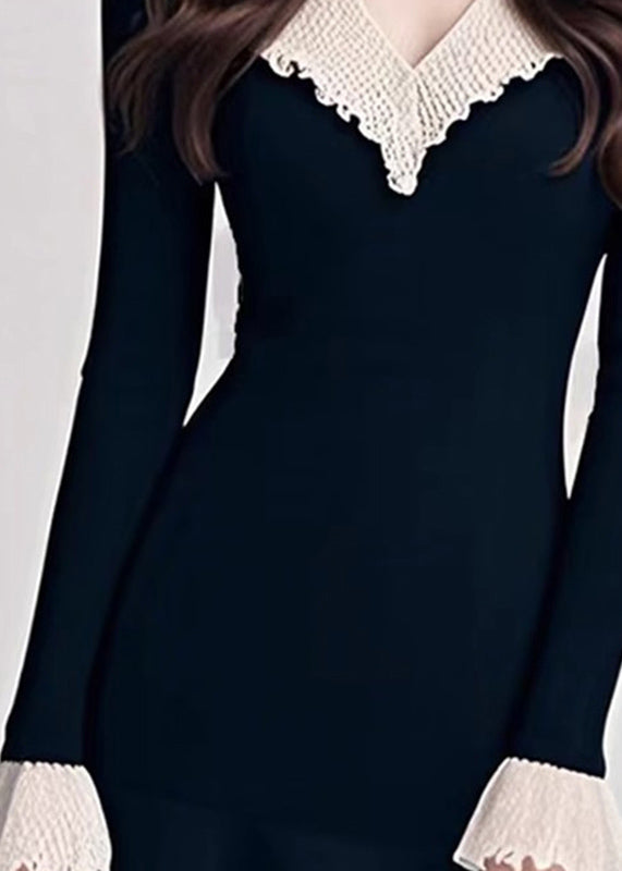 Natural Black V Neck Patchwork Knit Mid Sweater Dress Spring