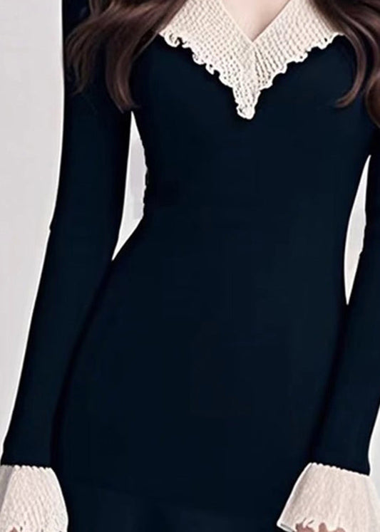 Natural Black V Neck Patchwork Knit Mid Sweater Dress Spring