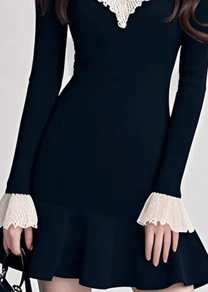 Natural Black V Neck Patchwork Knit Mid Sweater Dress Spring