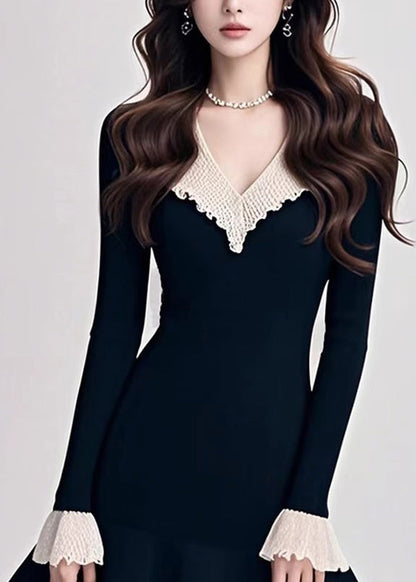 Natural Black V Neck Patchwork Knit Mid Sweater Dress Spring