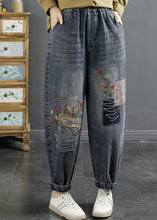 Load image into Gallery viewer, Natural Blue Embroidered Pockets Elastic Waist Denim Pants Fall