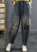 Load image into Gallery viewer, Natural Blue Embroidered Pockets Elastic Waist Denim Pants Fall