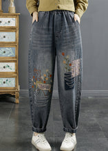 Load image into Gallery viewer, Natural Blue Embroidered Pockets Elastic Waist Denim Pants Fall