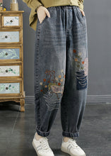 Load image into Gallery viewer, Natural Blue Embroidered Pockets Elastic Waist Denim Pants Fall