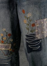 Load image into Gallery viewer, Natural Blue Embroidered Pockets Elastic Waist Denim Pants Fall