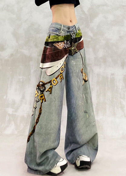 Natural Blue High Waist Print Draping Wide Leg Jeans