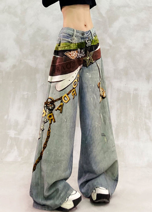 Natural Blue High Waist Print Draping Wide Leg Jeans