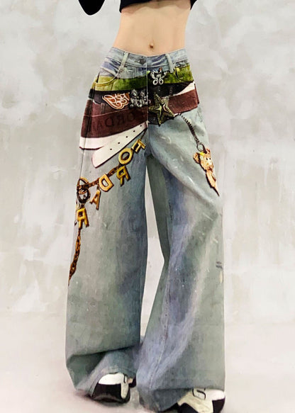 Natural Blue High Waist Print Draping Wide Leg Jeans