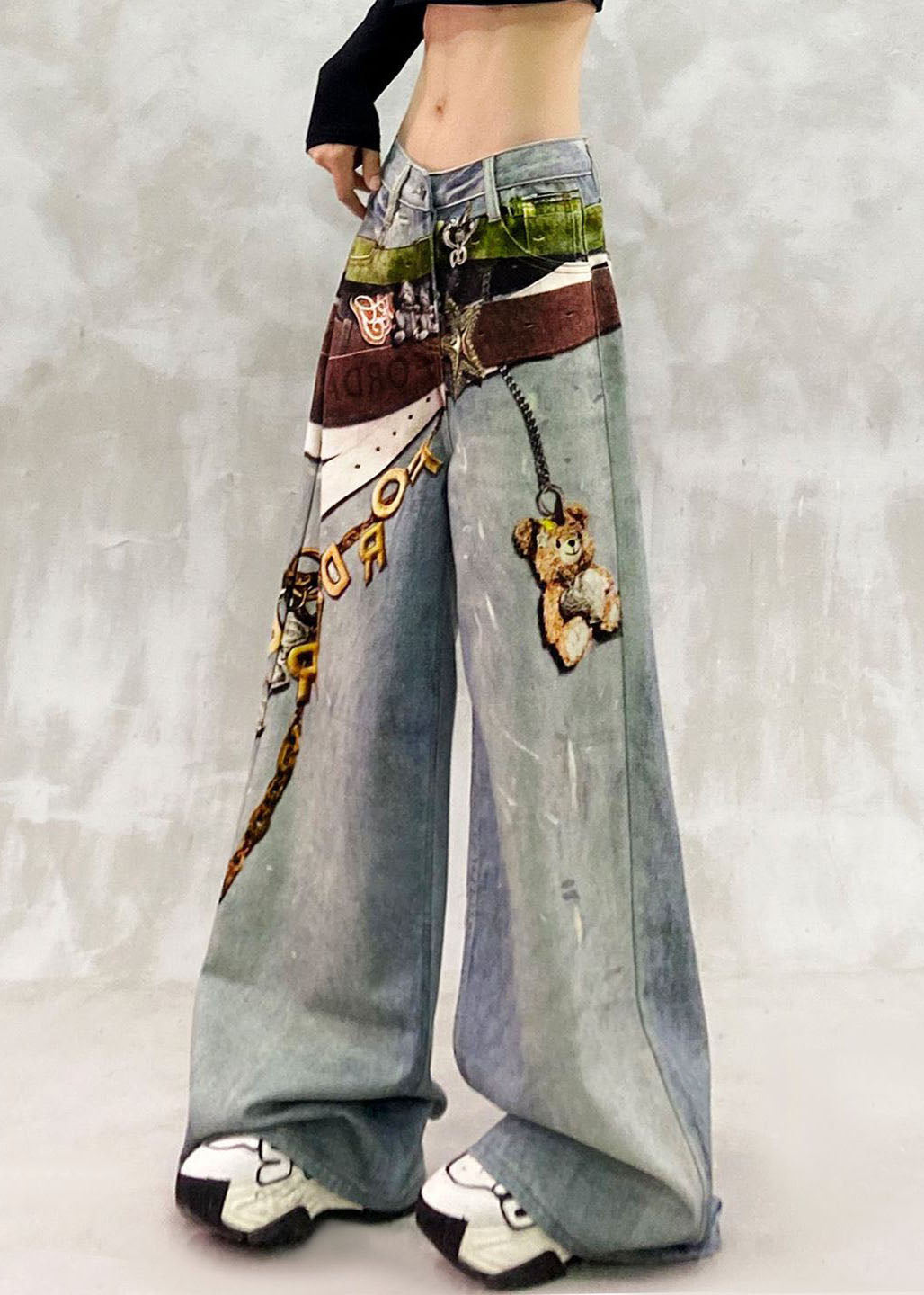 Natural Blue High Waist Print Draping Wide Leg Jeans