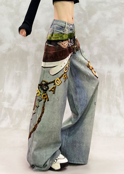 Natural Blue High Waist Print Draping Wide Leg Jeans