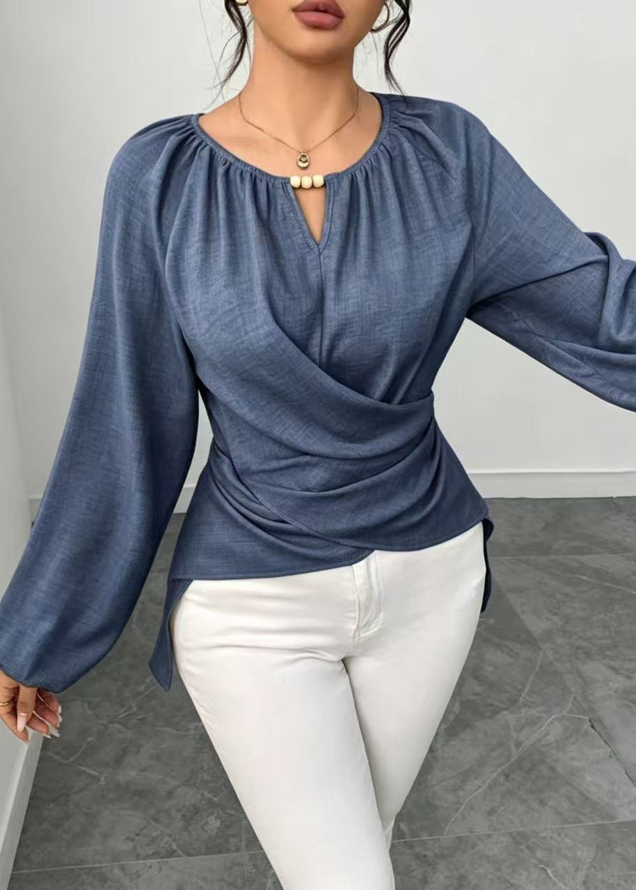 Natural Blue Low High Design Cotton Shirt Top Fall