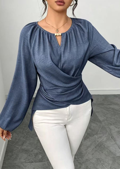 Natural Blue Low High Design Cotton Shirt Top Fall