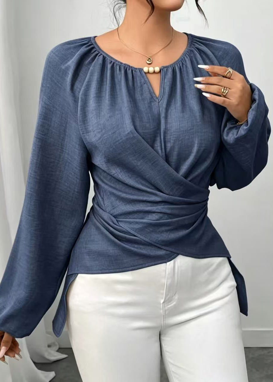 Natural Blue Low High Design Cotton Shirt Top Fall