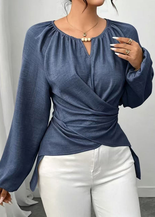Natural Blue Low High Design Cotton Shirt Top Fall