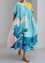 Load image into Gallery viewer, Natural Blue O-Neck Print Long Dress Short Sleeve