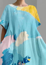 Load image into Gallery viewer, Natural Blue O-Neck Print Long Dress Short Sleeve