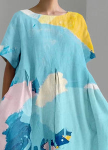 Natural Blue O-Neck Print Long Dress Short Sleeve