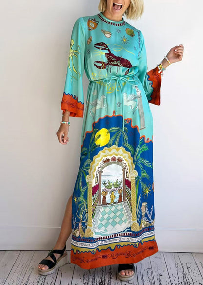 Natural Blue O Neck Print Side Open Silk Maxi Dress Long Sleeve