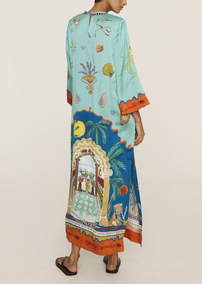 Natural Blue O Neck Print Side Open Silk Maxi Dress Long Sleeve