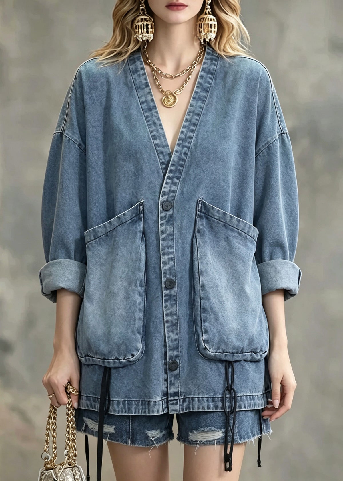 Natural Blue Patchwork Button Denim Coats Long Sleeve