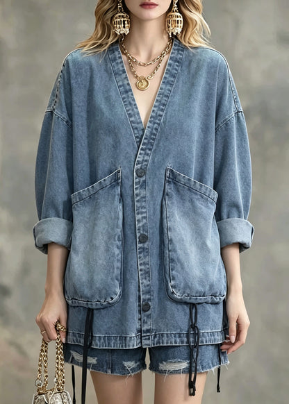 Natural Blue Patchwork Button Denim Coats Long Sleeve