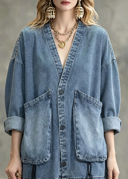 Natural Blue Patchwork Button Denim Coats Long Sleeve