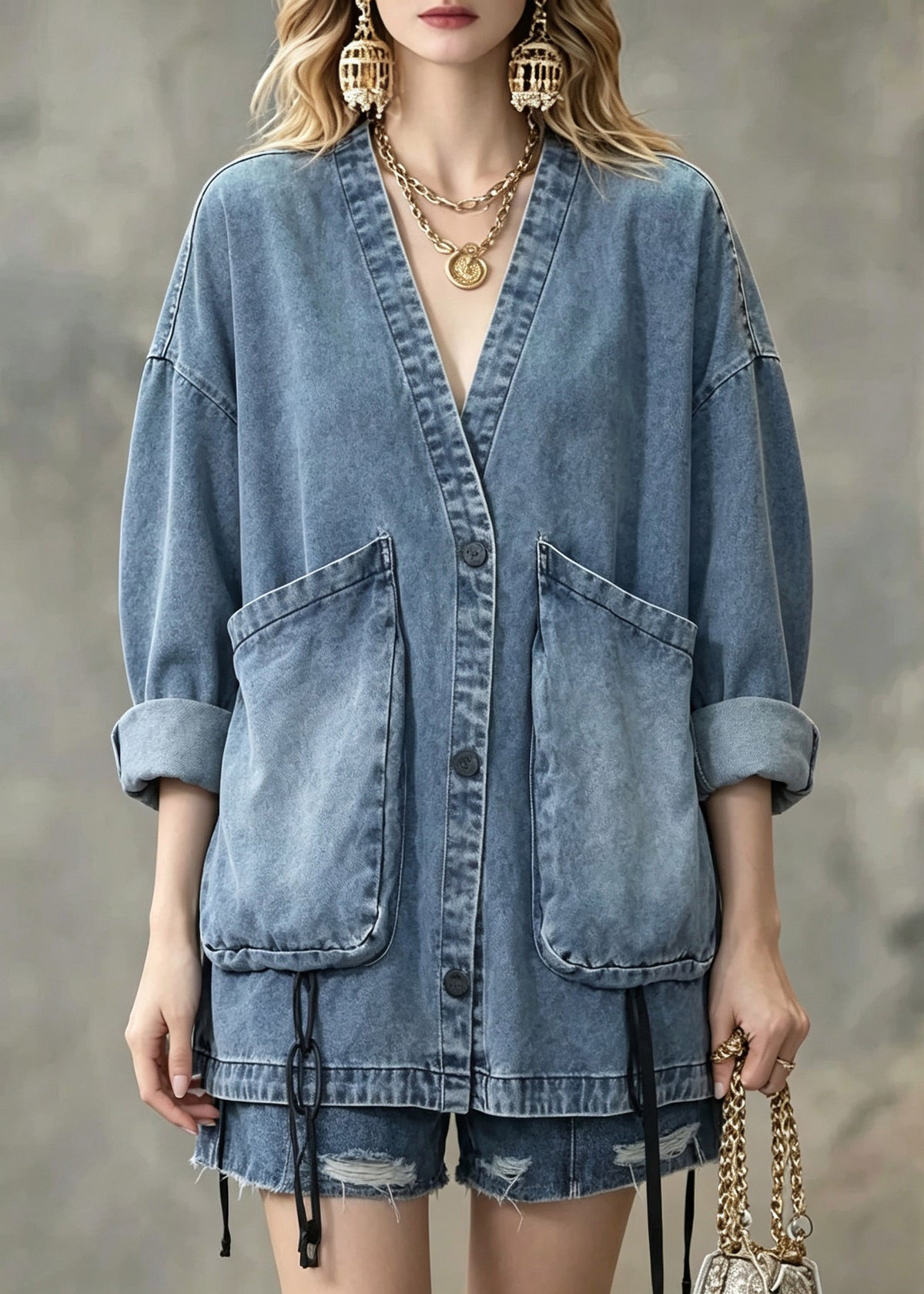 Natural Blue Patchwork Button Denim Coats Long Sleeve
