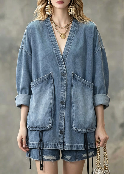 Natural Blue Patchwork Button Denim Coats Long Sleeve