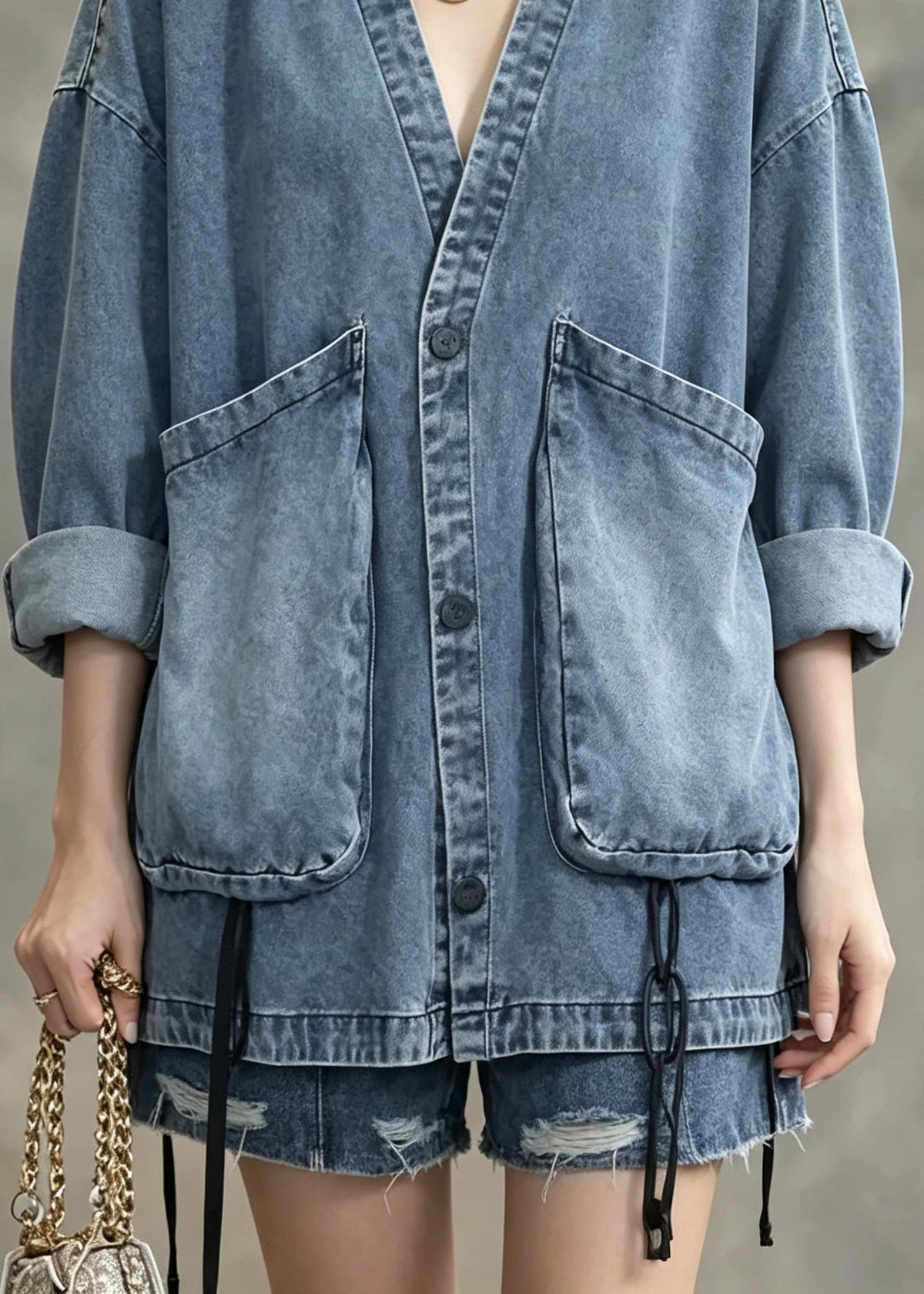 Natural Blue Patchwork Button Denim Coats Long Sleeve