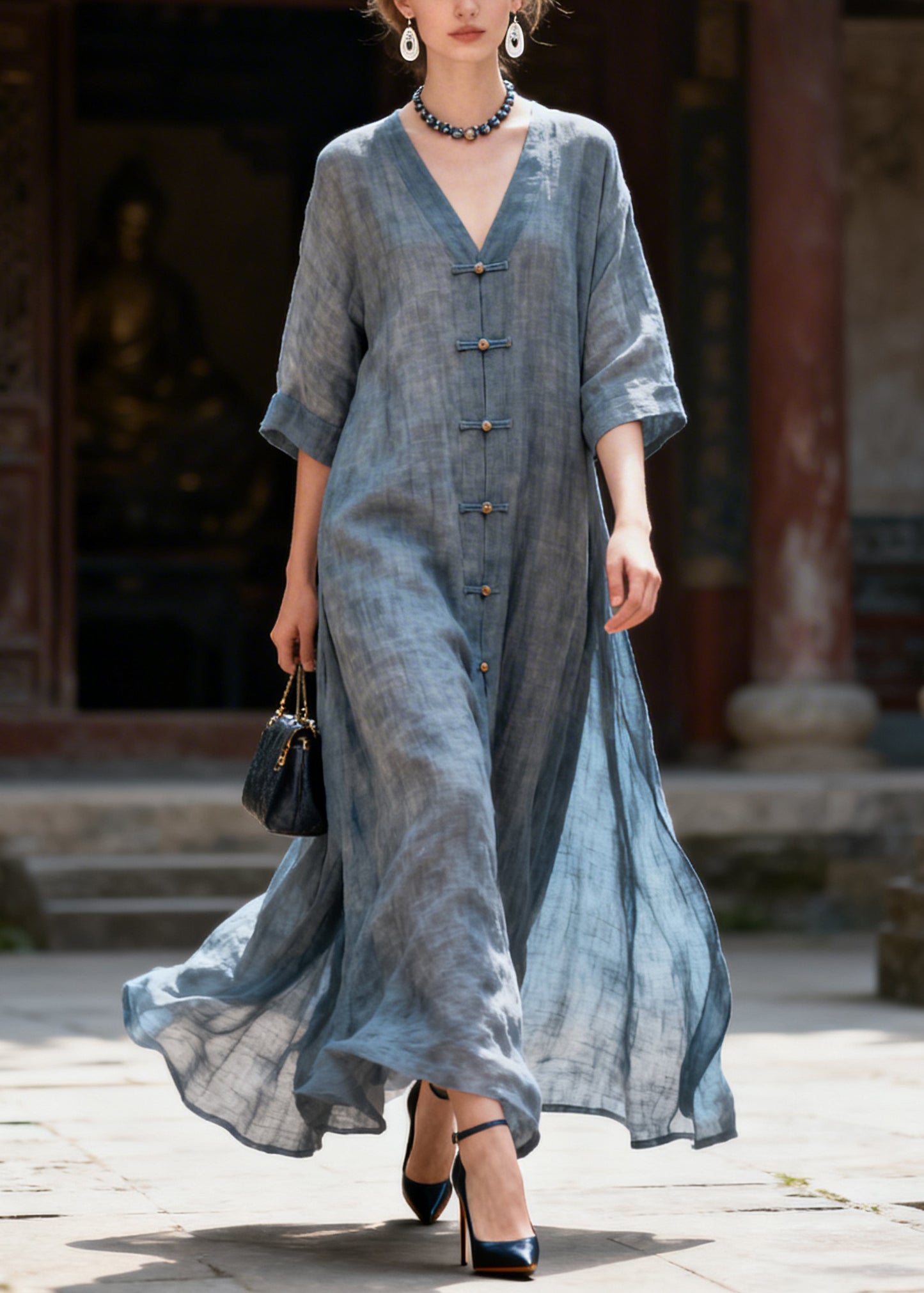 Natural Blue Patchwork Long Dress Half Sleeve