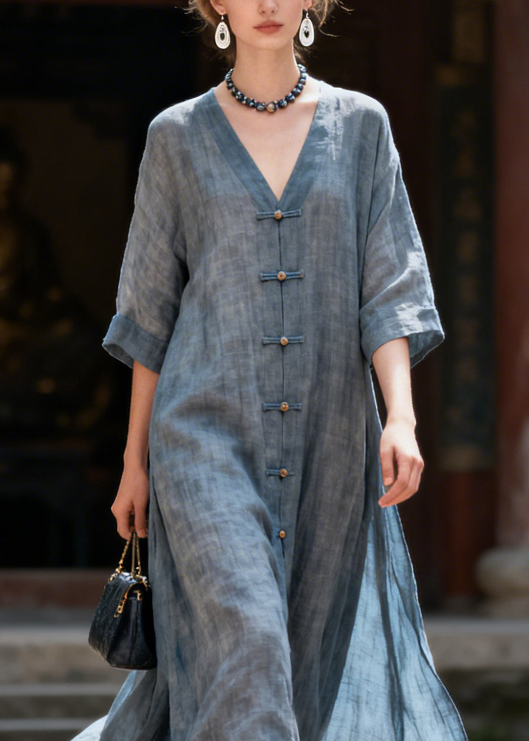 Natural Blue Patchwork Long Dress Half Sleeve