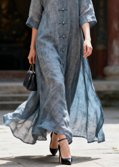 Natural Blue Patchwork Long Dress Half Sleeve