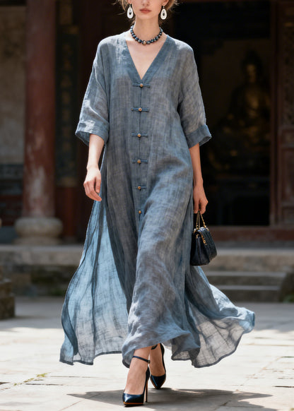 Natural Blue Patchwork Long Dress Half Sleeve