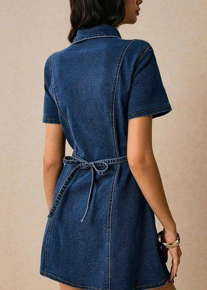 Natural Blue Peter Pan Collar Tie Waist Dnim Mini Dresses Short Sleeve