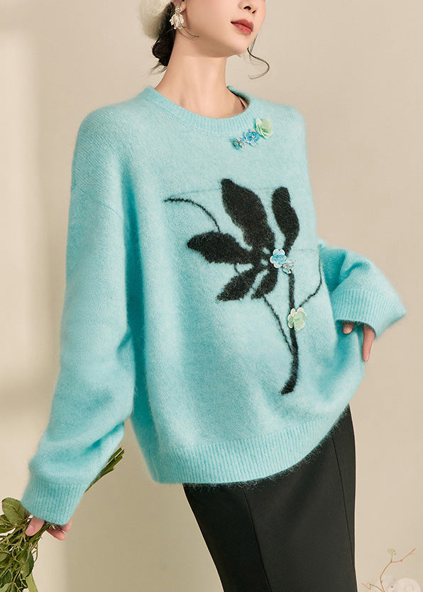 Natural Blue Print Cozy Cotton Knit Sweaters Spring