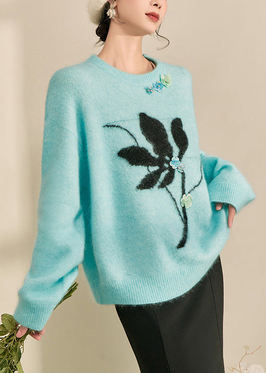 Natural Blue Print Cozy Cotton Knit Sweaters Spring